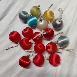 vintage satin ball ornaments,11 Red, 3 Silver, 1 Blue/white/yellow/green X18 All